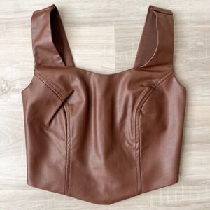 Brown Faux Leather Corset Crop Top Fitted Zip Back Tank Bustier Y2K Top